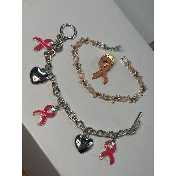 Breast Cancer Awareness Pink Ribbon Jewelry Set W/ Bracelet & Pin Silver & Pink - Picture 9 of 10